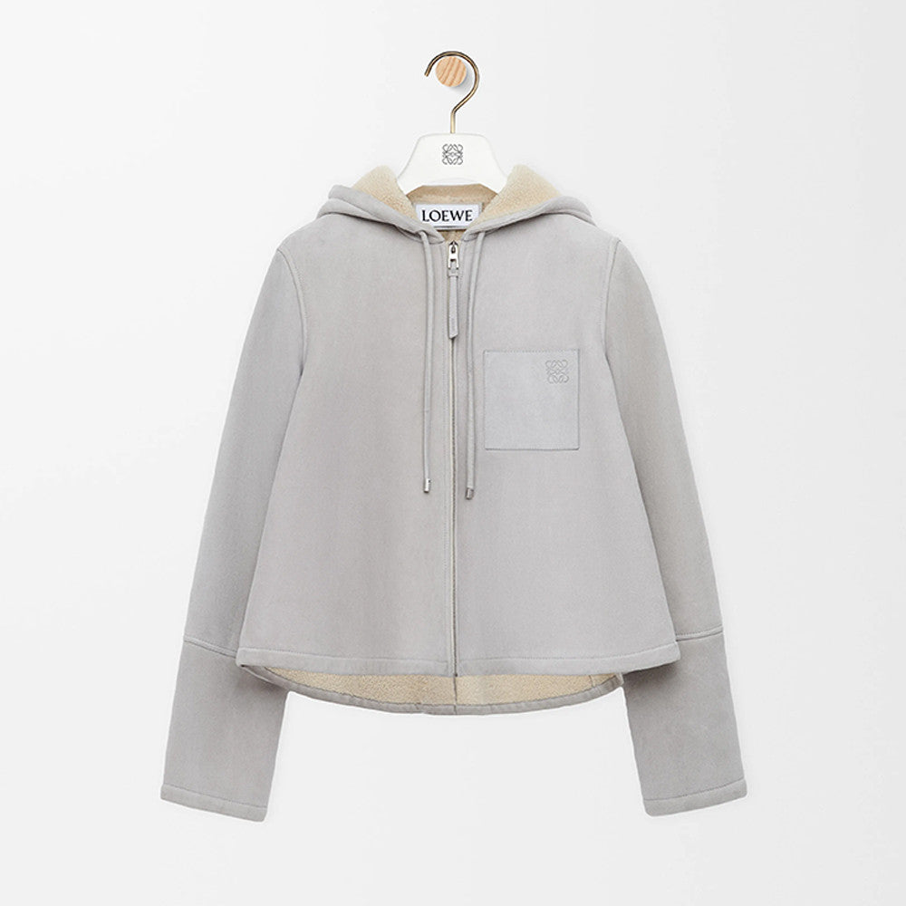 LOEWE 25AW Derby Suede Leather And Fur Beige Tellow Hair Suede Shearling Hooded Jacket #332353