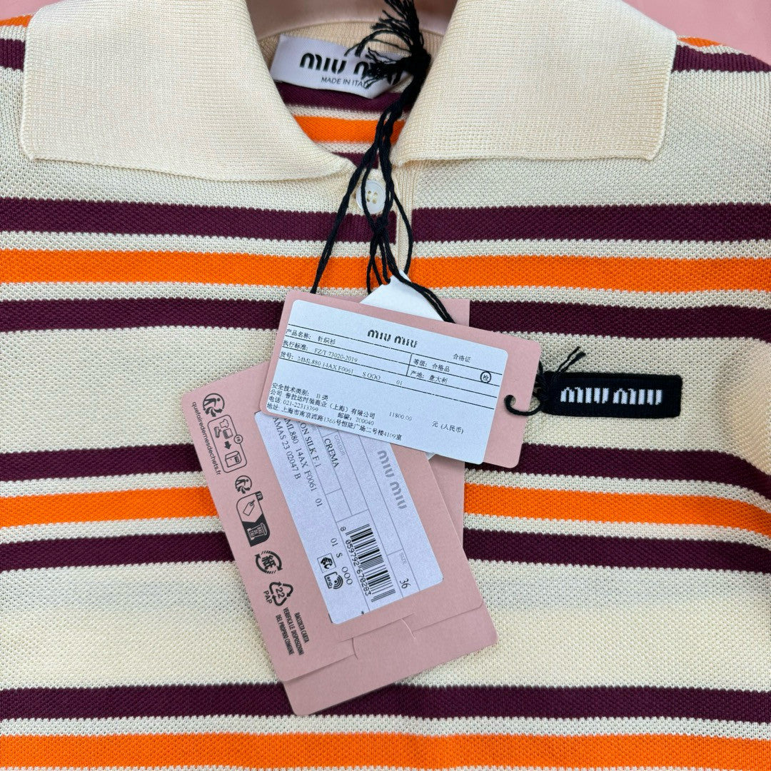 MiuMiu Women's Spring And Summer Striped Polo Shirt Knitted Fashion Trend Retro Short-sleeved Logo Short T-shirt Tops #81639
