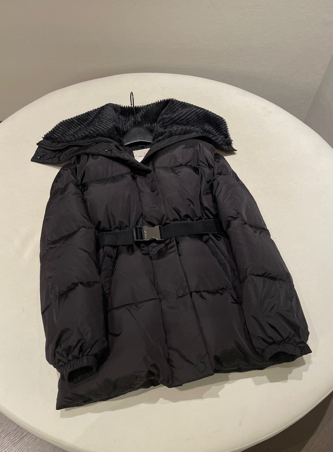 Moncler Women's Fall/Wimter Black Large Lapel Goose Down Jacket With Belt Nylon Short Style Light Jacket #332539