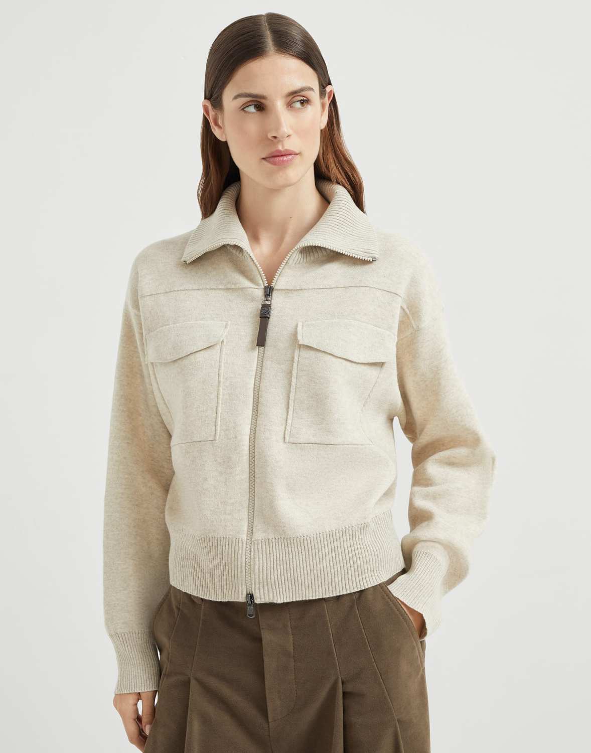Brunello Cucinelli Women's Spring/Fall Cashmere High-Neck Zipper Coat Solid Color Long-Sleeve Double-Faced Knit Cardigan With Shiny Zipper Pull Ngvp #2312