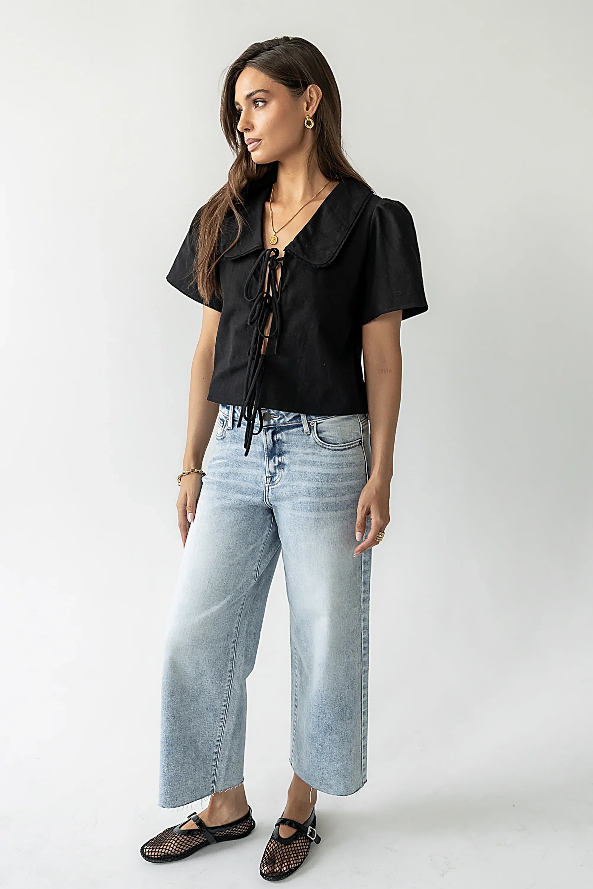 Ethan Tie Front Blouse in Black