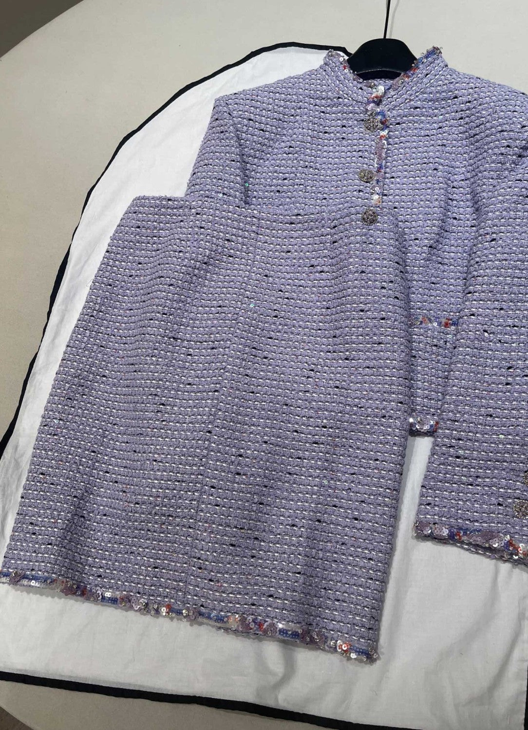 Chanel Jacket Skirt Cotton Tweed Sequins Lilac #376154