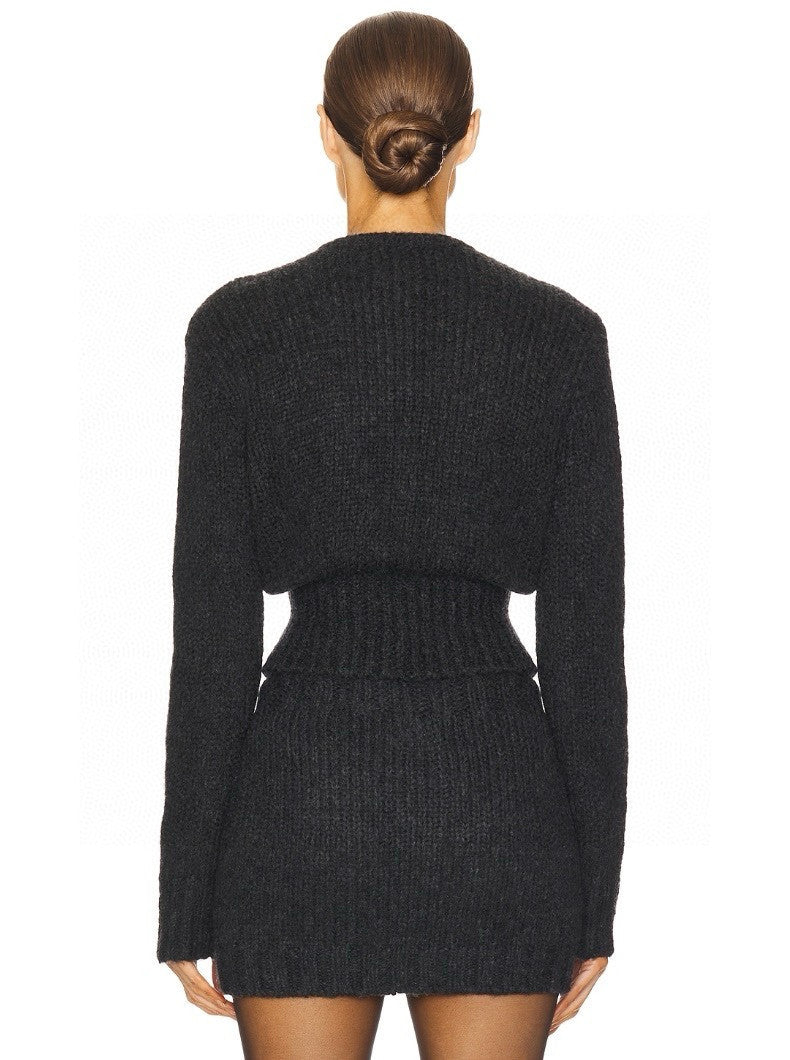 Helsa Women's Autumn And Winter Fashion Exquisite Suit Waisted Short Top Cardigan Hip Slim Daily Knit Skirt Black White Temperament Set Ngvp #2475