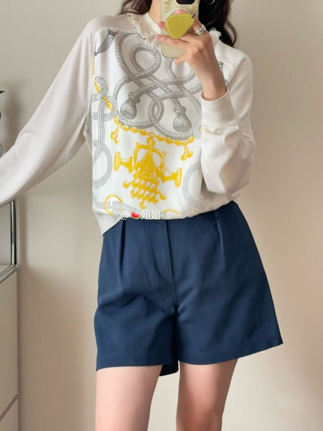 Hermes Women's Spring/Fall High-Street Printed Silk Patchwork Crew Neck Long Sleeve Solid Color Oversized Knit Sweater Ngvp #2546