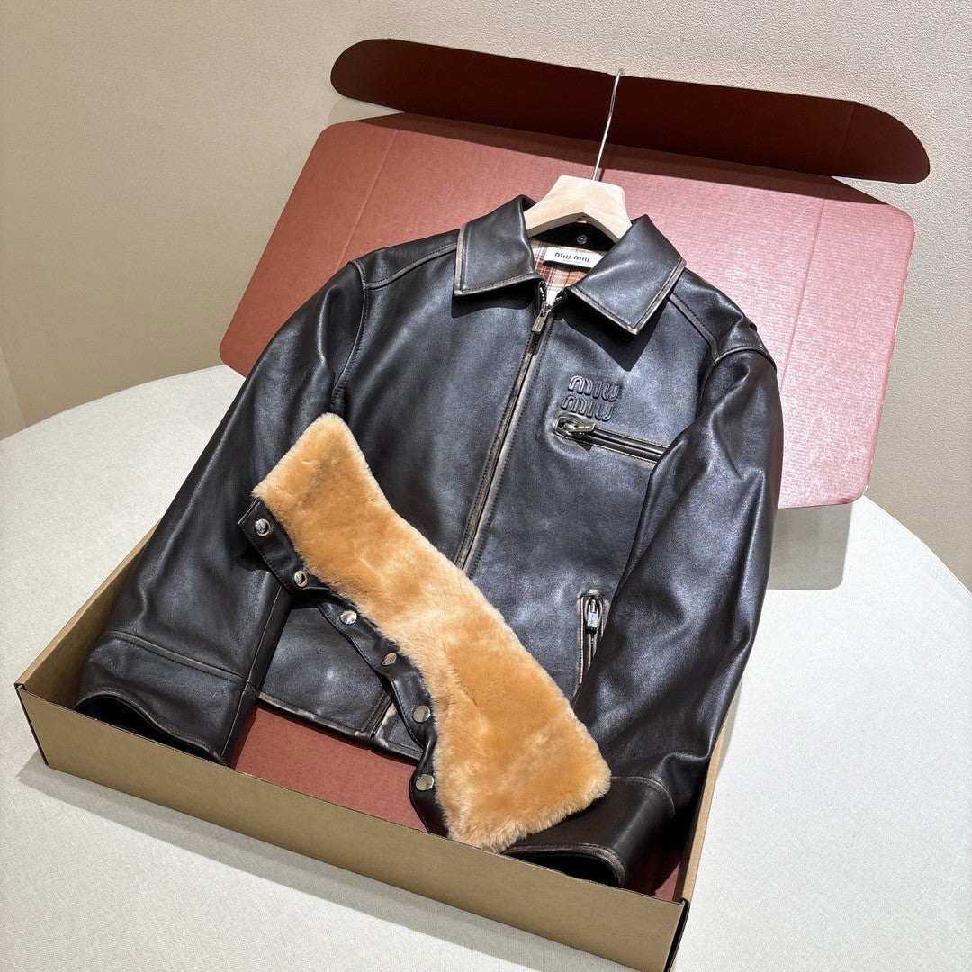 MiuMiu Women's Fur Collar Vintage Distressed Zip Black Nappa Leather Jacket #332783