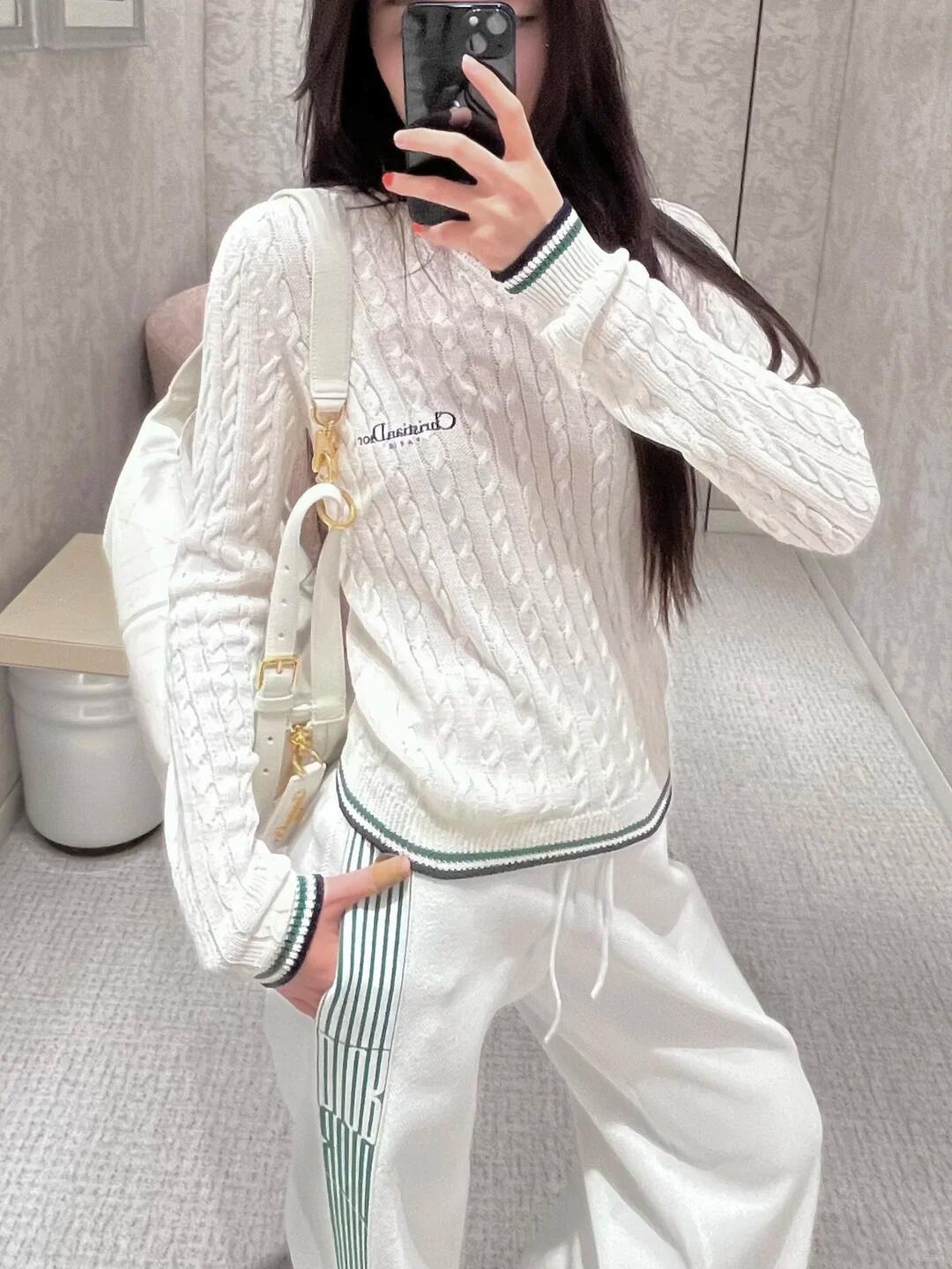 Dior Women's Fall And Winter Vibe Knit Sweater White Vintage Embroidery Knitted Sweater Fashion Casual Thin Sweater #81638