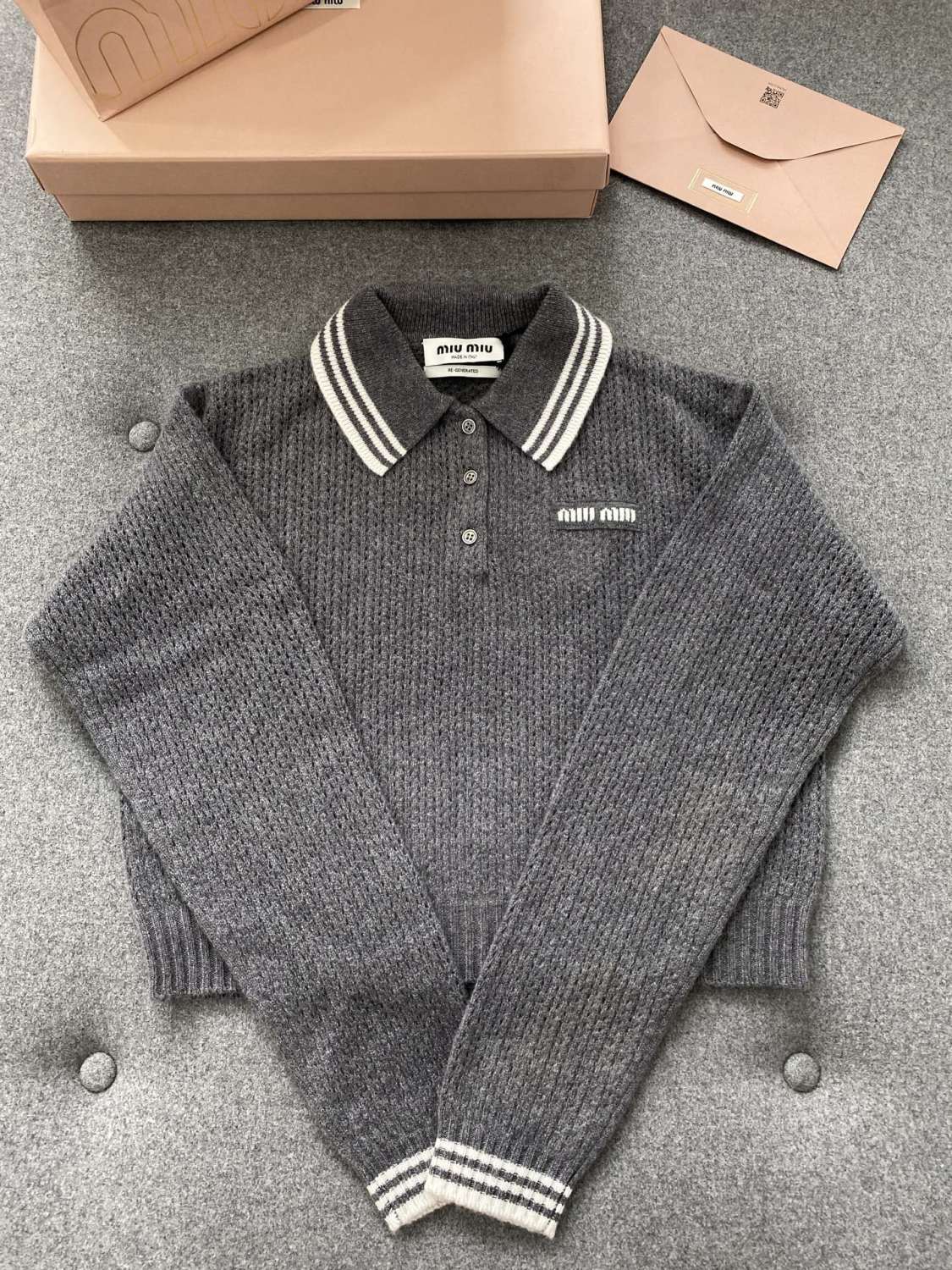 MiuMiu Slate Gray Wool And Cashmere Polo Sweater #330390