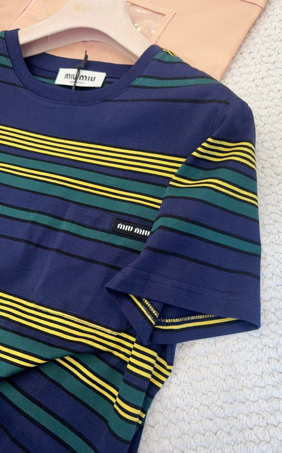 MiuMiu 25FW Women's Striped Short-sleeved T-shirt Yellow And Green Stripes Retro College Style Cotton Logo Pocket #332610