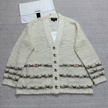 Chanel Women's Spring/Fall Vintage V-Neck Single-Breasted Gold-Thread Knit Wool-Blend Cardigan Ngvp #2562