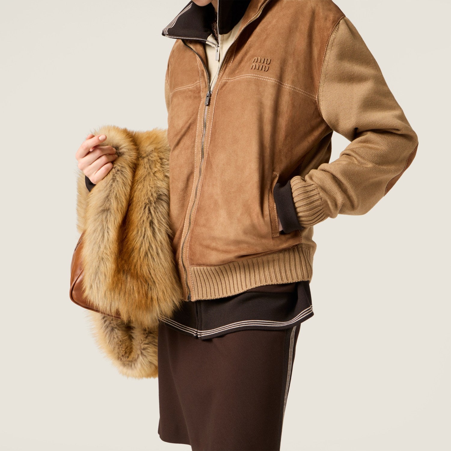 MiuMiu Men's And Women's Fall/winter Fashion Casual Color Block Collared Zipper Suede Badge Knit Jacket #79195