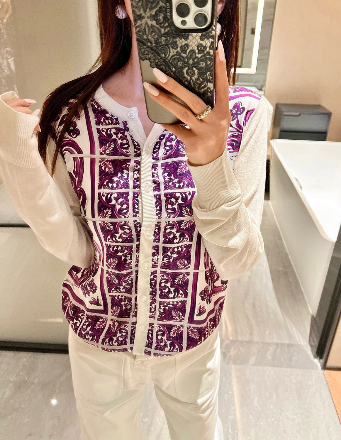 Dolce&Gabbana Majolica Printed Silk knitted Cardigan Women's Spring Summer Purple Fashion Elegant Single Breasted Sweater Ngvp #2427