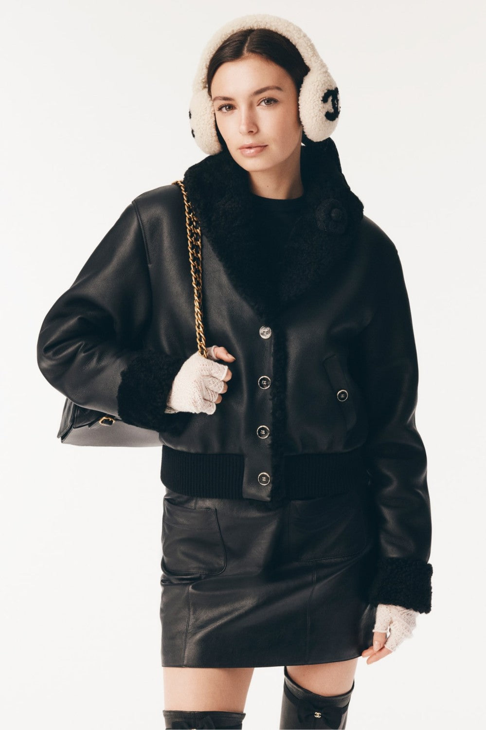 Chanel 25FW Tunic Jacket Reversible Shearling Black Merino Wool Women's Warm Retro Leather Jacket #332447