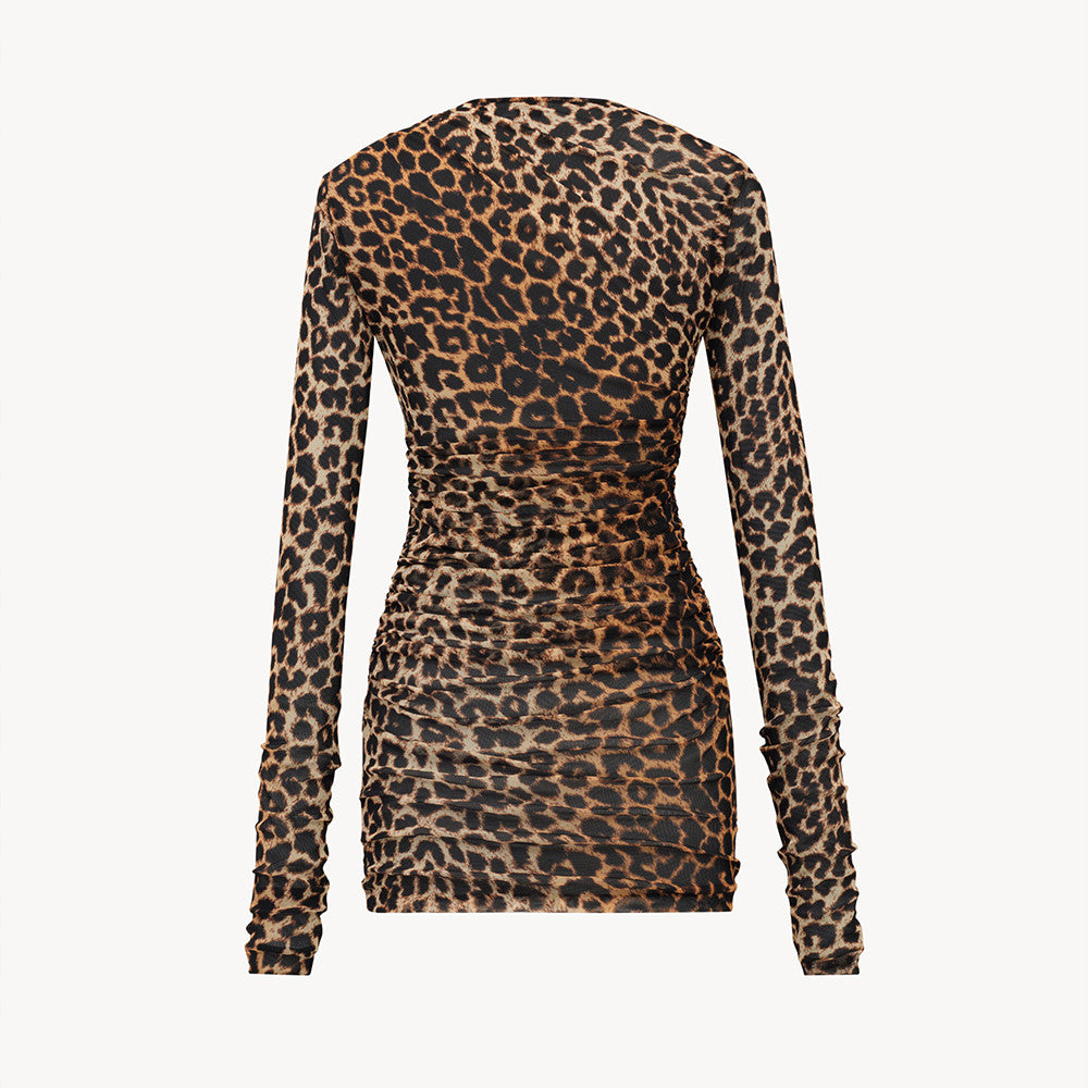 Saint Laurent Ruched Mini Dress in Leopard Tulle Jersey in Brown #334380