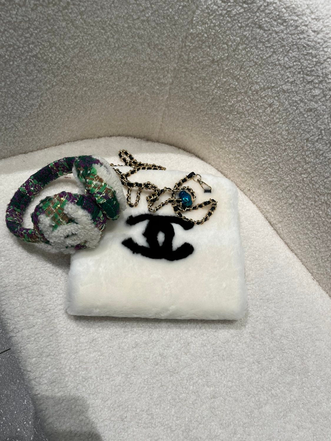 Chanel Muff Earmuffs Shearling Lambskin Tweed Ecru #335043