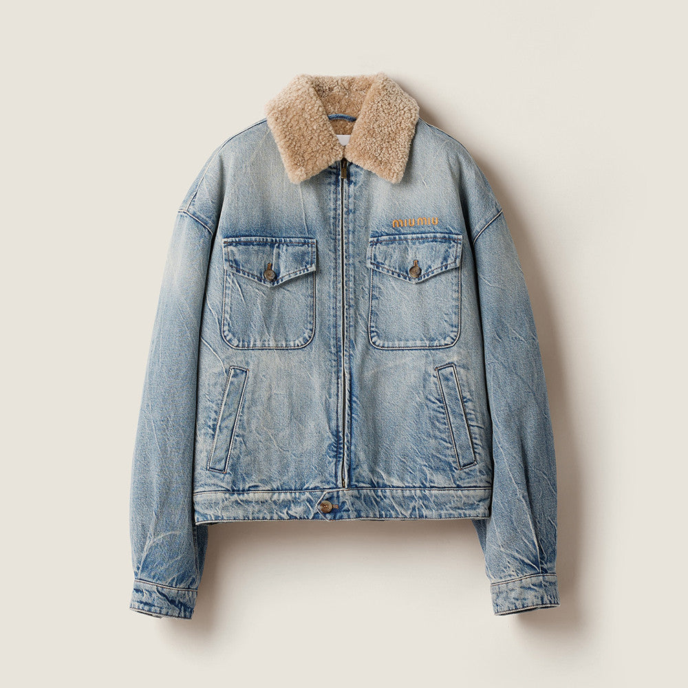 MiuMiu Denim and Wool Trucker Jacket Washed Embroidery Light Blue #332979