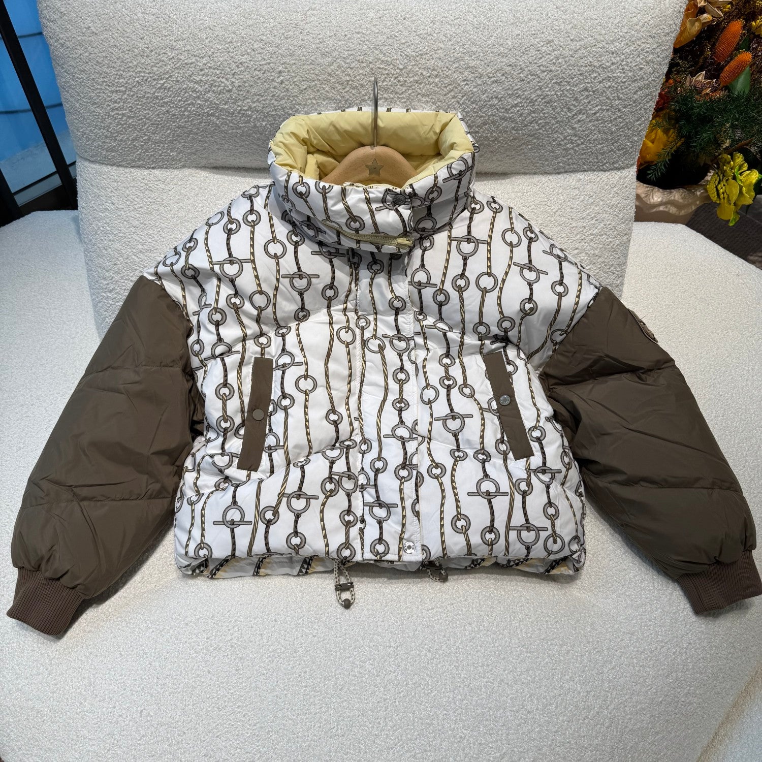Hermes Women's Winter Fashion Casual Reversible Patterned Print Short Length High Neck Zipper White Goose Down Filled Short Jacket Down Jacket #78981