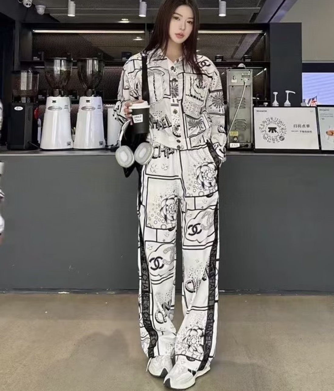 Chanel Hand-painted Camellia Silk Stretch Casual Pants Shirt #377175