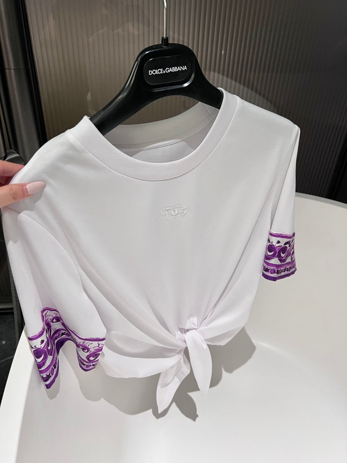 Dolce&Gabbana Women's Summer Logo Embroidered Tie-Front Round Neck Solid Color Silk Short Sleeve T-Shirt #81493