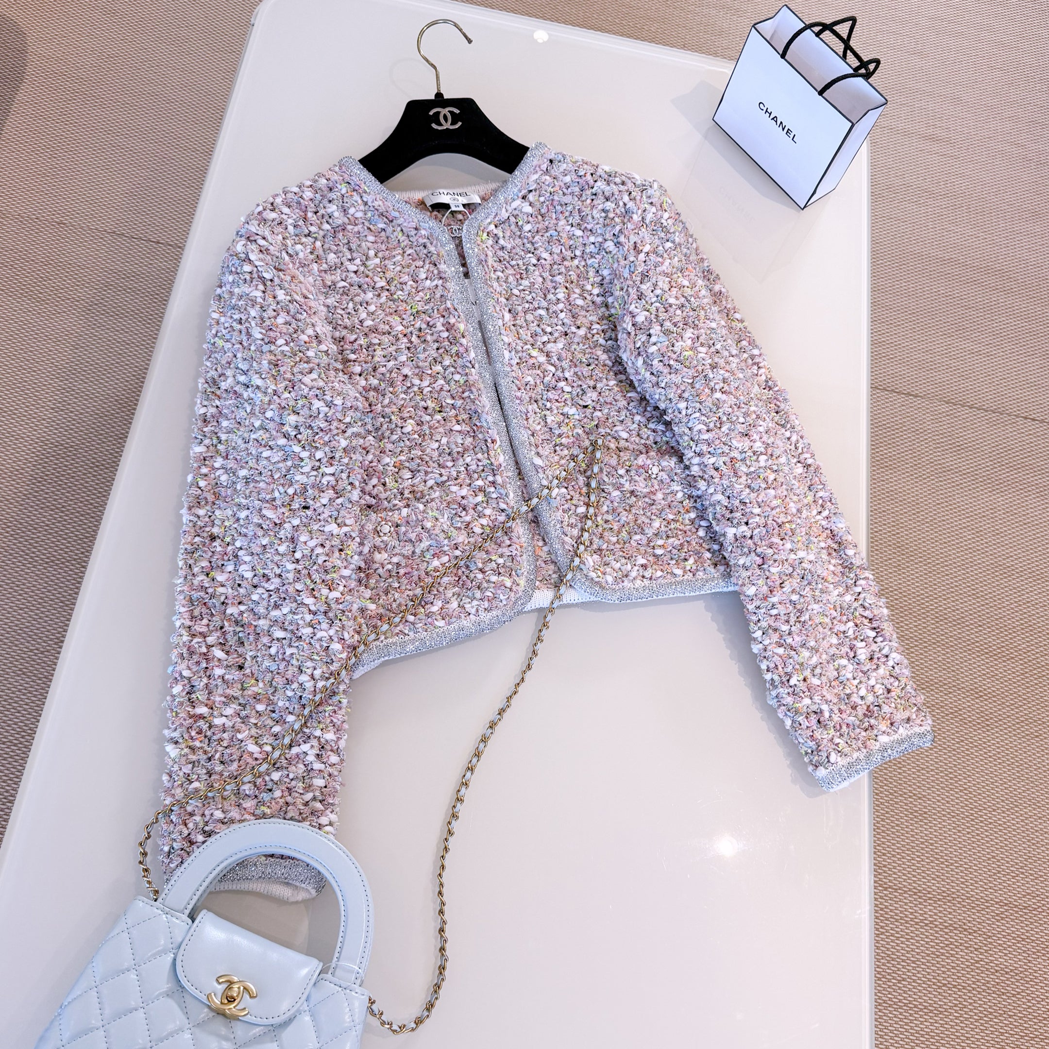 Chanel Women's Spring/Autumn Round Neck Rhinestone Trim Color Block Long Sleeve Cardigan Jacket Casual Tweed Stretch Skirt Ngvp #2274