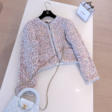 Chanel Women's Spring/Autumn Round Neck Rhinestone Trim Color Block Long Sleeve Cardigan Jacket Casual Tweed Stretch Skirt Ngvp #2274