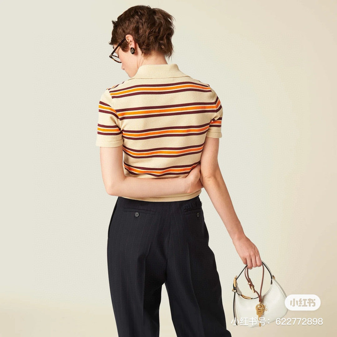 MiuMiu Women's Spring And Summer Striped Polo Shirt Knitted Fashion Trend Retro Short-sleeved Logo Short T-shirt Tops #81639