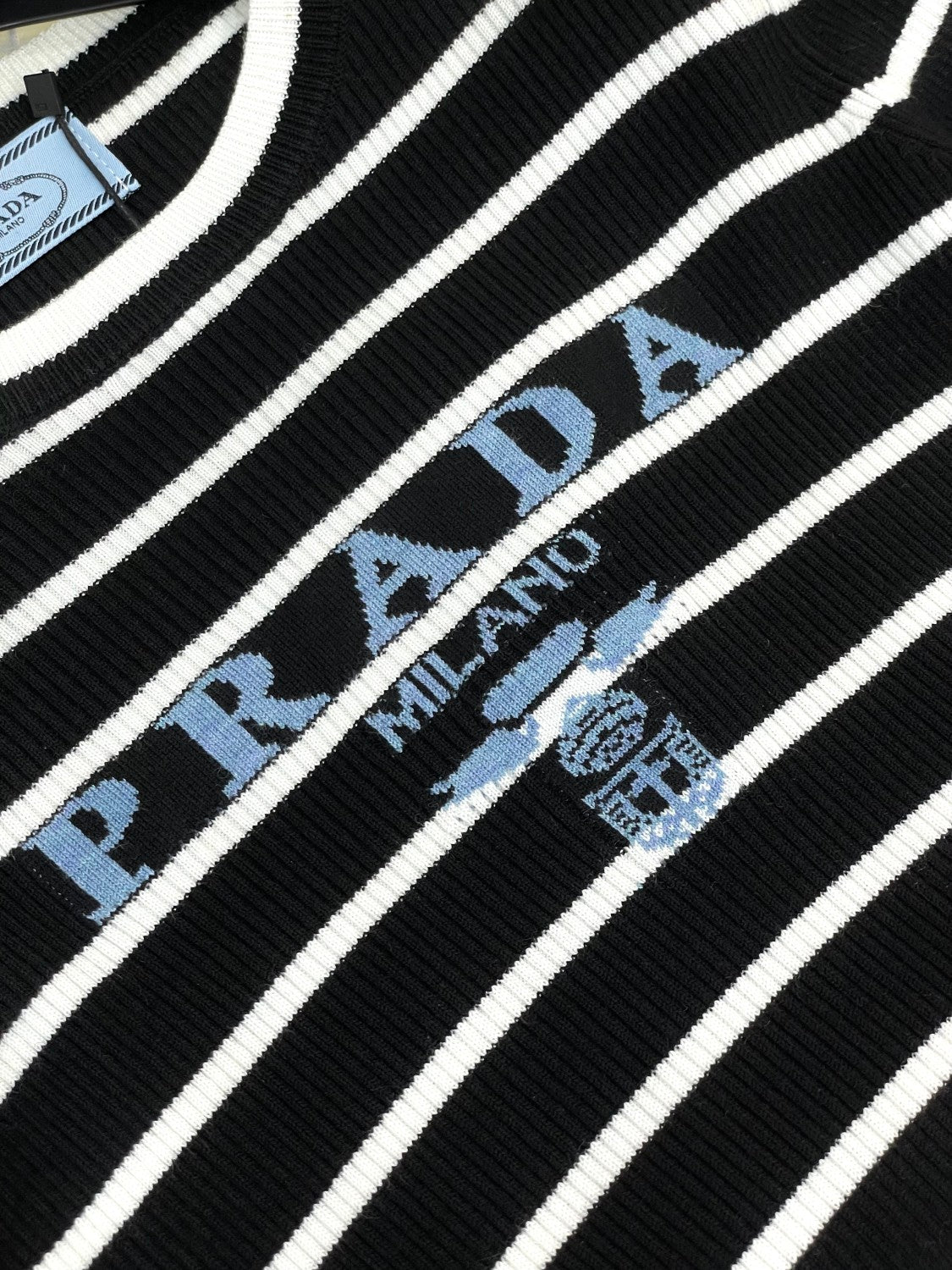 Prada Women's Autumn/Winter Fashion Casual Striped Color-Block Logo Letter Round Neck Wool Knit Sweater #78375