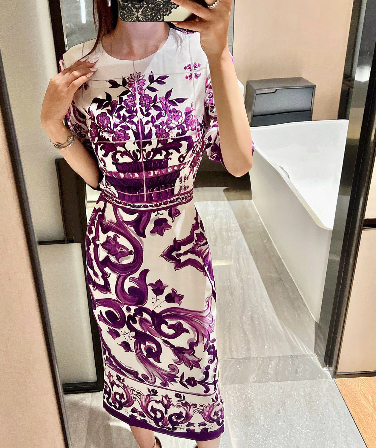Dolce&Gabbana Majolica Printed Vegan Crepe Satin Dress Women's Spring Summer Purple Fashion Elegant Evening Dresses Ngvp #2428