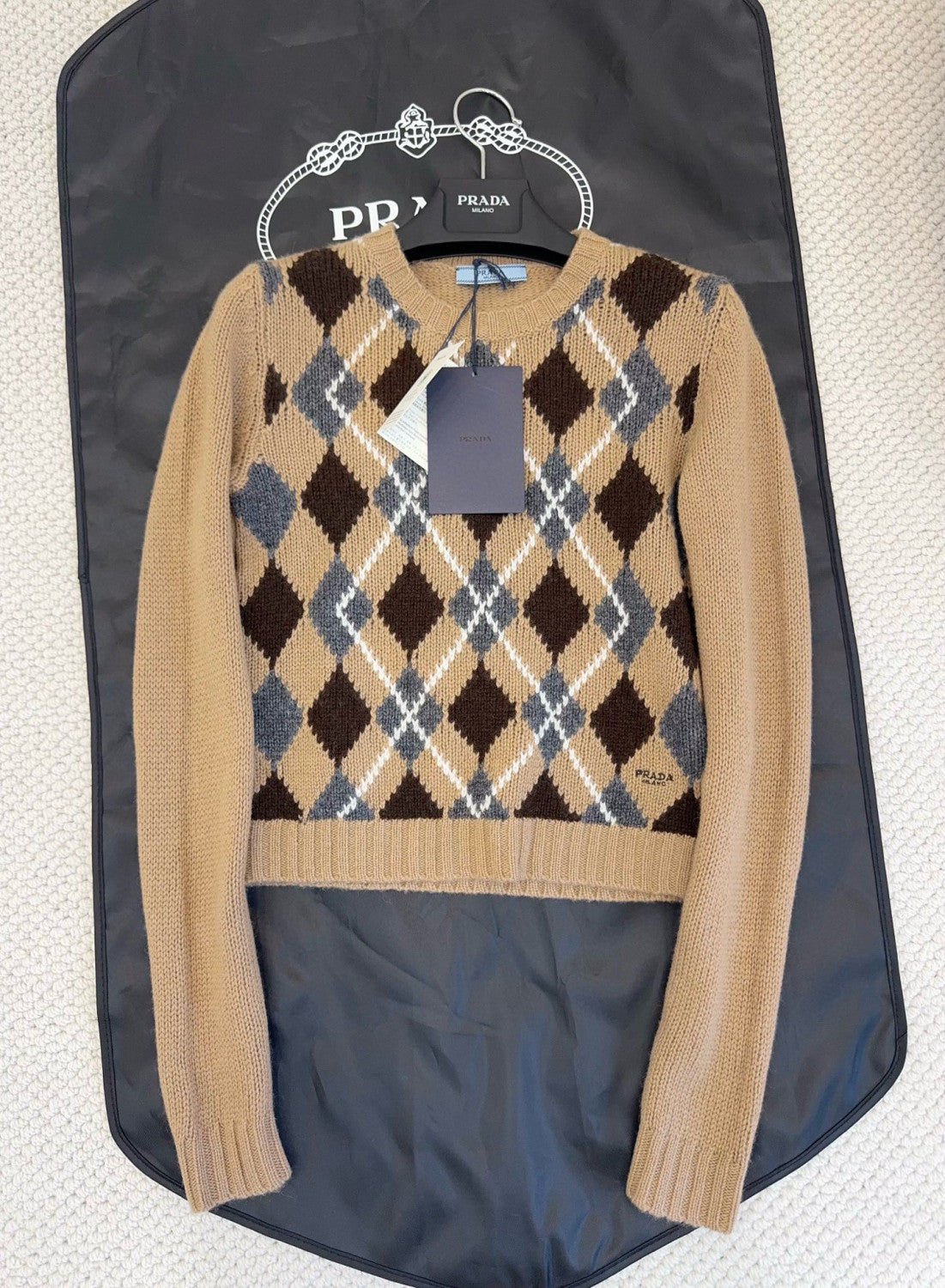 Prada Women's Fall/Winter Fashion Casual Crewneck Pullover Diamond Pattern Cashmere Short Sleeve Sweater #78788