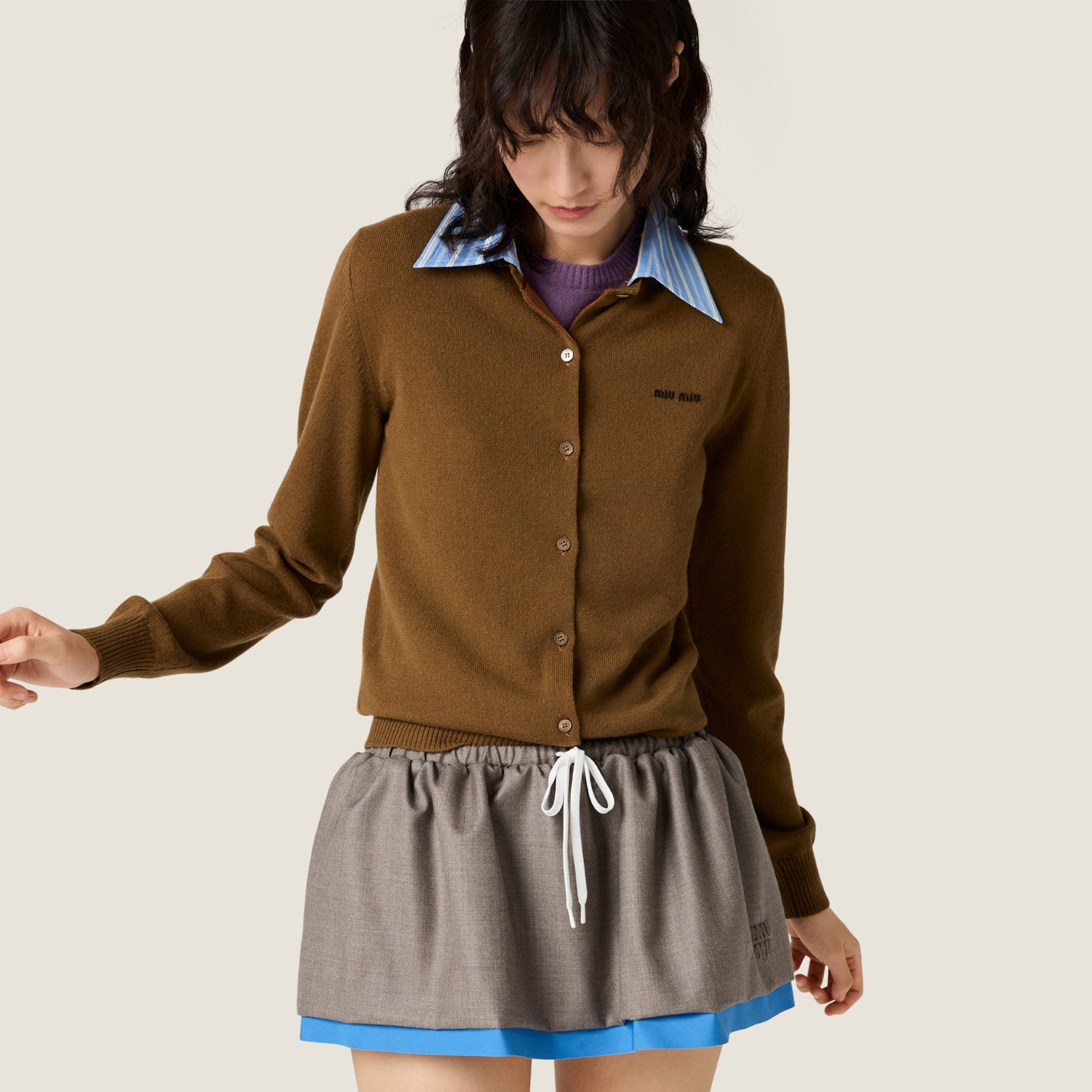 MiuMiu Women's Fall/Winter Fashion Classic Solid Color Lapel Single Breasted Solid Color Knit Long Sleeve Cardigan #79241