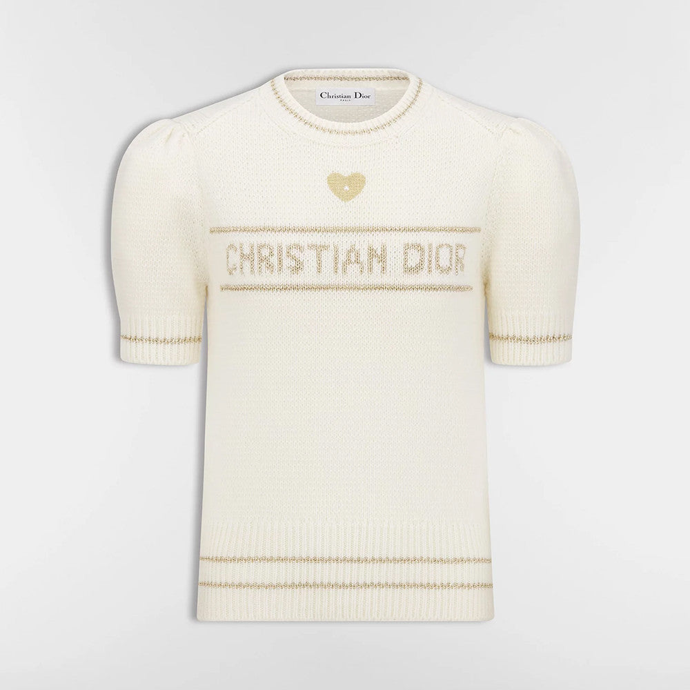 DIOR Short-Sleeved Sweater Ecru and Gold-Tone Virgin Wool-Cashmere Blend Knit #335676