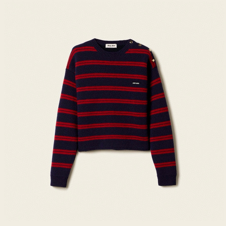MiuMiu Women's Fall/Winter Fashion Casual Crew Neck Striped Contrast Color Cashmere Knit Sweater #79389