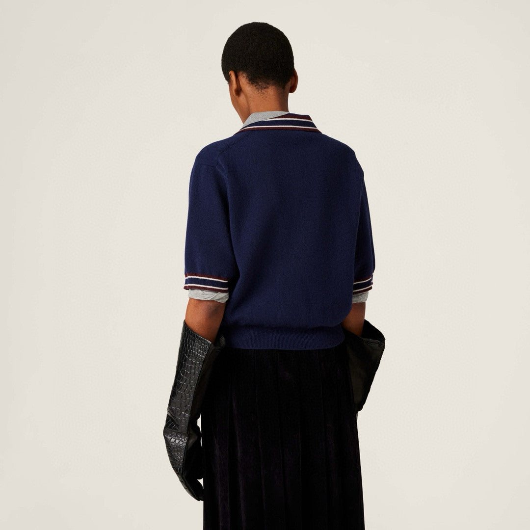 MiuMiu Women's Spring And Summer Polo Shirt Knitted Fashion Retro Navy Blue Striped Color Blocking Buttons Short Sleeve T-shirt Tops #81641