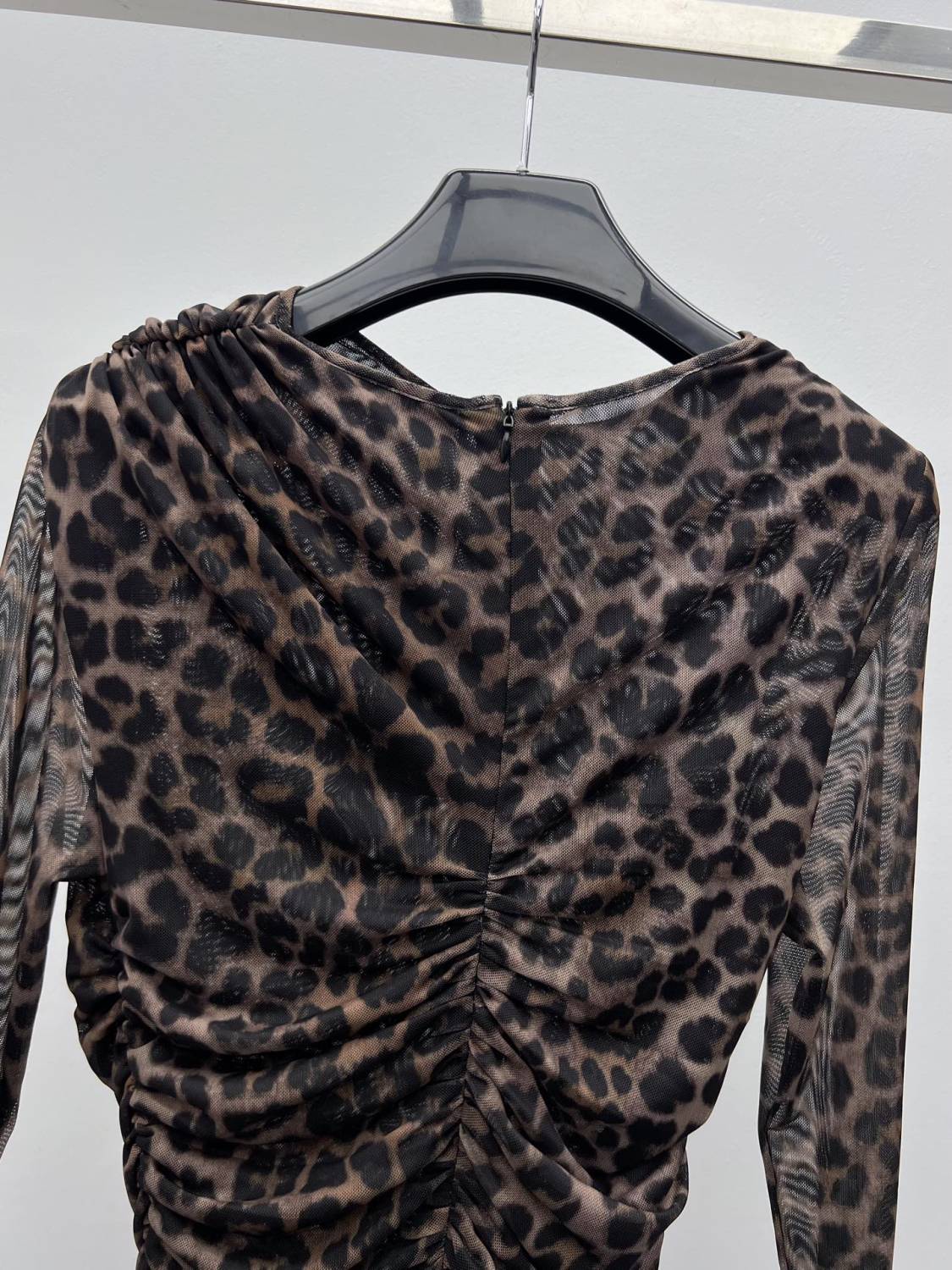 Saint Laurent Ruched Mini Dress in Leopard Tulle Jersey in Brown #334380