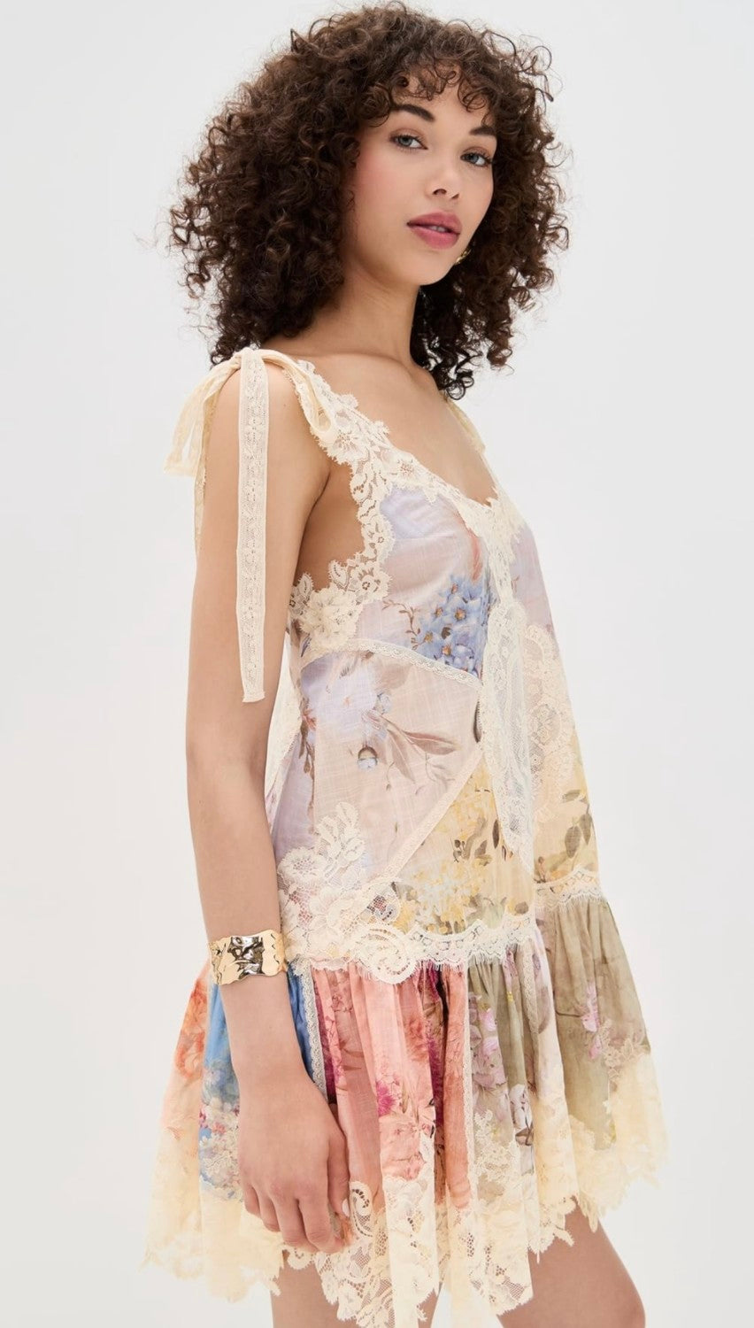 Zimmermann Women's Cascadian Lace Embroidered Contrast Color Patchwork Print V-Neck Summer Sleeveless Mini Dress #81568