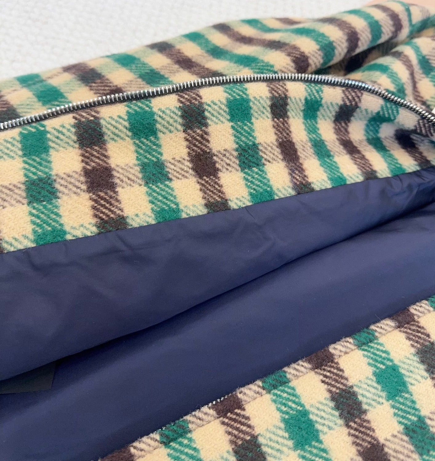 MiuMiu Women's Fall/Winter Lettering Eembroidered Logo Hood Zip Camel Green Navy Check and Technical Jacket #332611