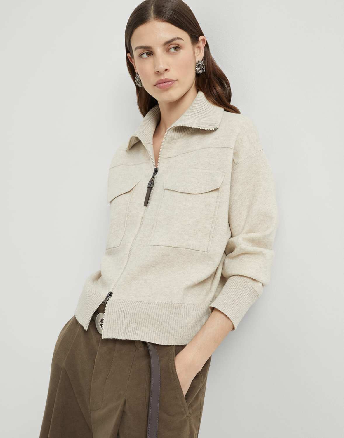 Brunello Cucinelli Women's Spring/Fall Cashmere High-Neck Zipper Coat Solid Color Long-Sleeve Double-Faced Knit Cardigan With Shiny Zipper Pull Ngvp #2312