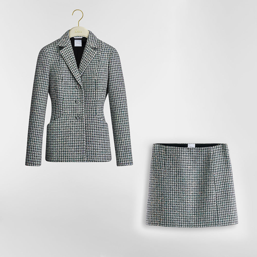 Dior Bar Blazer Skirt Black and White Houndstooth Virgin Wool Blend With Multicolor Sequins #377177