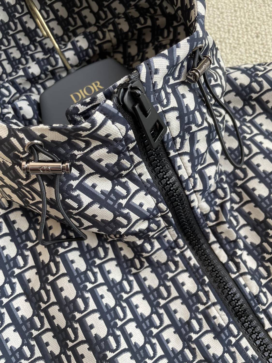 DIOR Hooded Jacket Blue Jacquard Technical Taffeta with Dior Oblique Motif #326749
