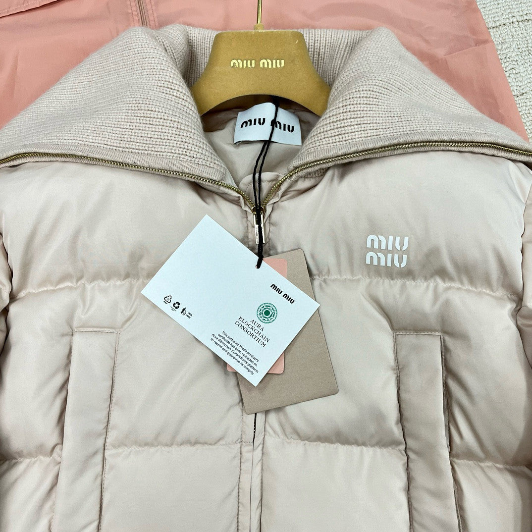 MiuMiu Women's Fall/Winter Logo-Printed Collar Zipper Goose Down Solid-Color Long-Sleeve Puffer Down Jacket #81739