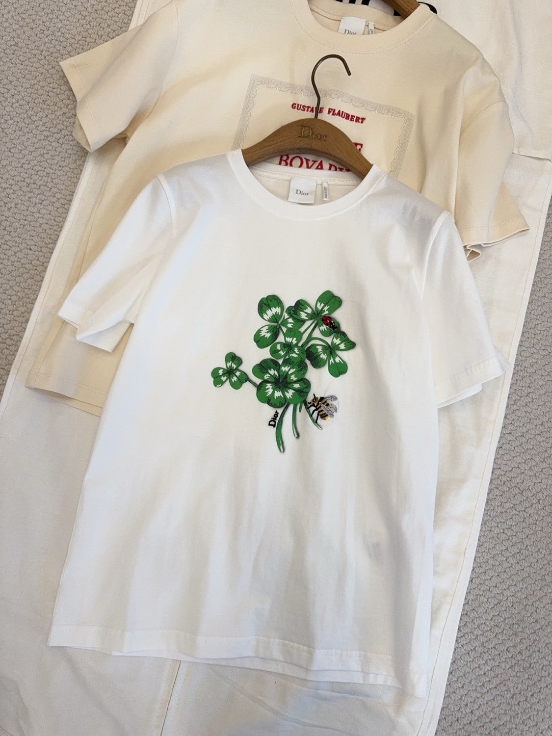 DIOR Fitted T-Shirt White Cotton Jersey with Green Dior Clover Motif #375760