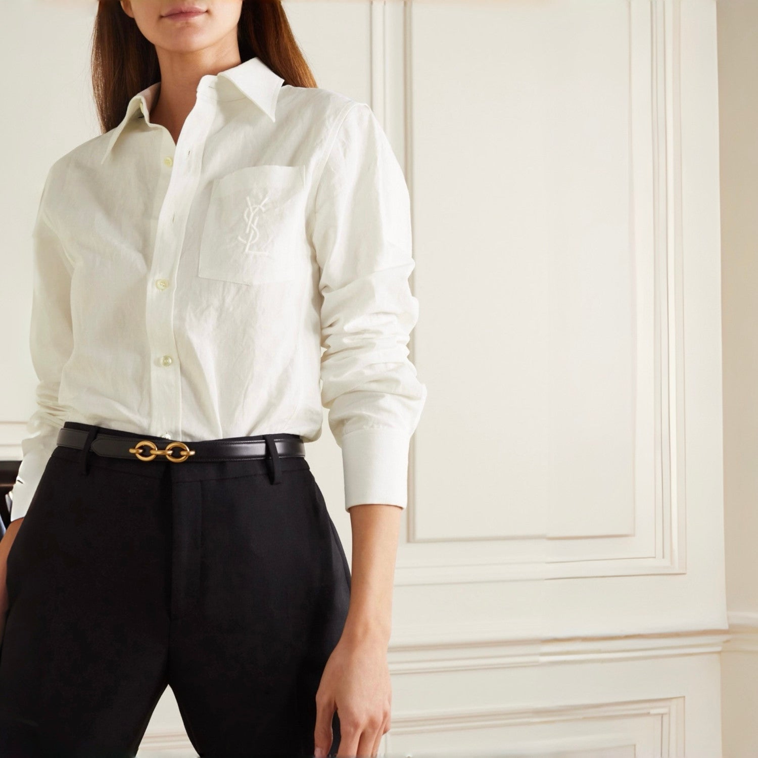 Saint Laurent Women's Lapel Embroidered Pocket Logo Shirt #333271