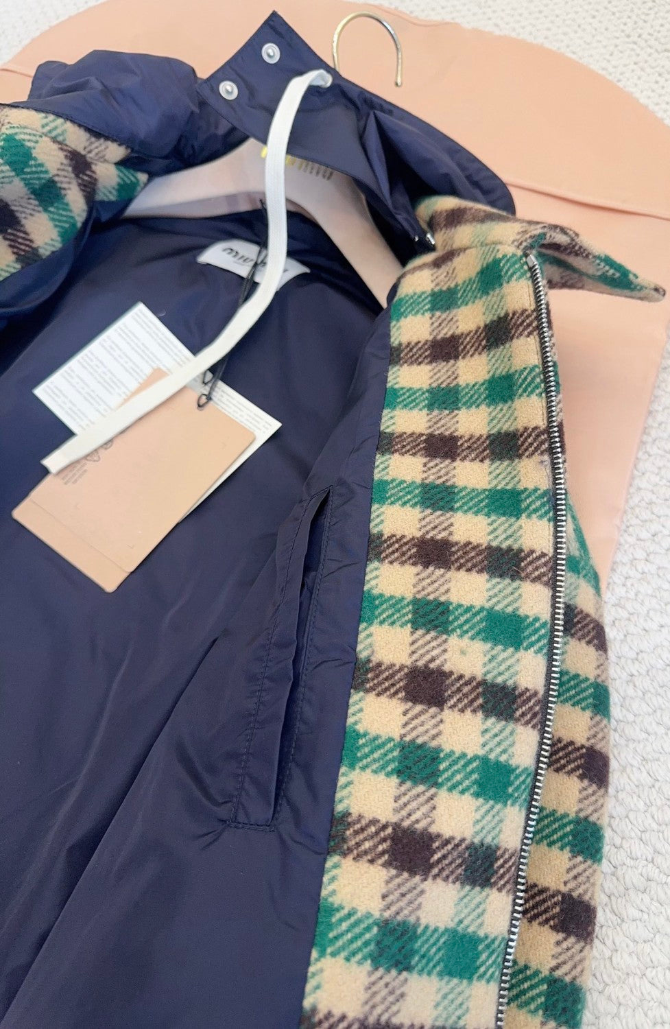 MiuMiu Women's Fall/Winter Lettering Eembroidered Logo Hood Zip Camel Green Navy Check and Technical Jacket #332611