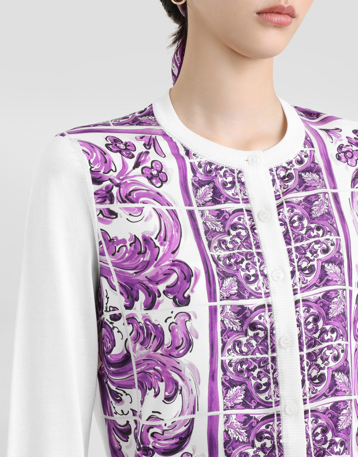Dolce&Gabbana Majolica Printed Silk knitted Cardigan Women's Spring Summer Purple Fashion Elegant Single Breasted Sweater Ngvp #2427