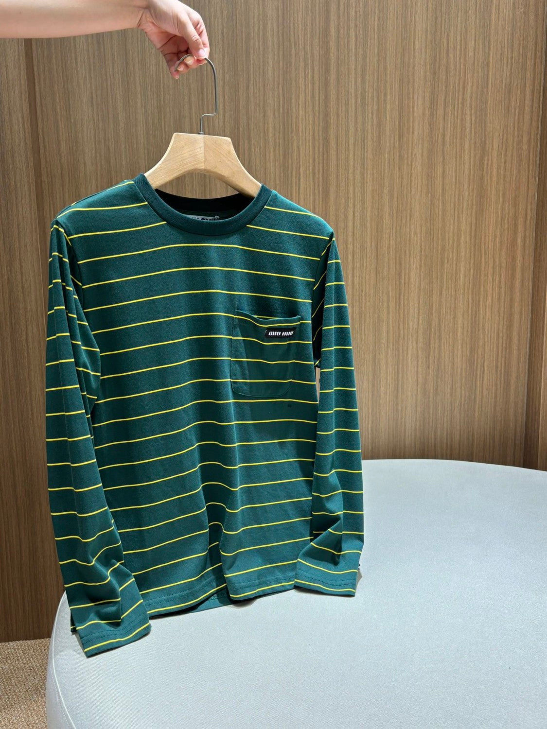 MiuMiu Women's Spring/Autumn Fashion Casual Cotton Plain Weave Knitted Striped Drop Shoulder Sleeve Round Neck Long Sleeve T-Shirt Top #78299