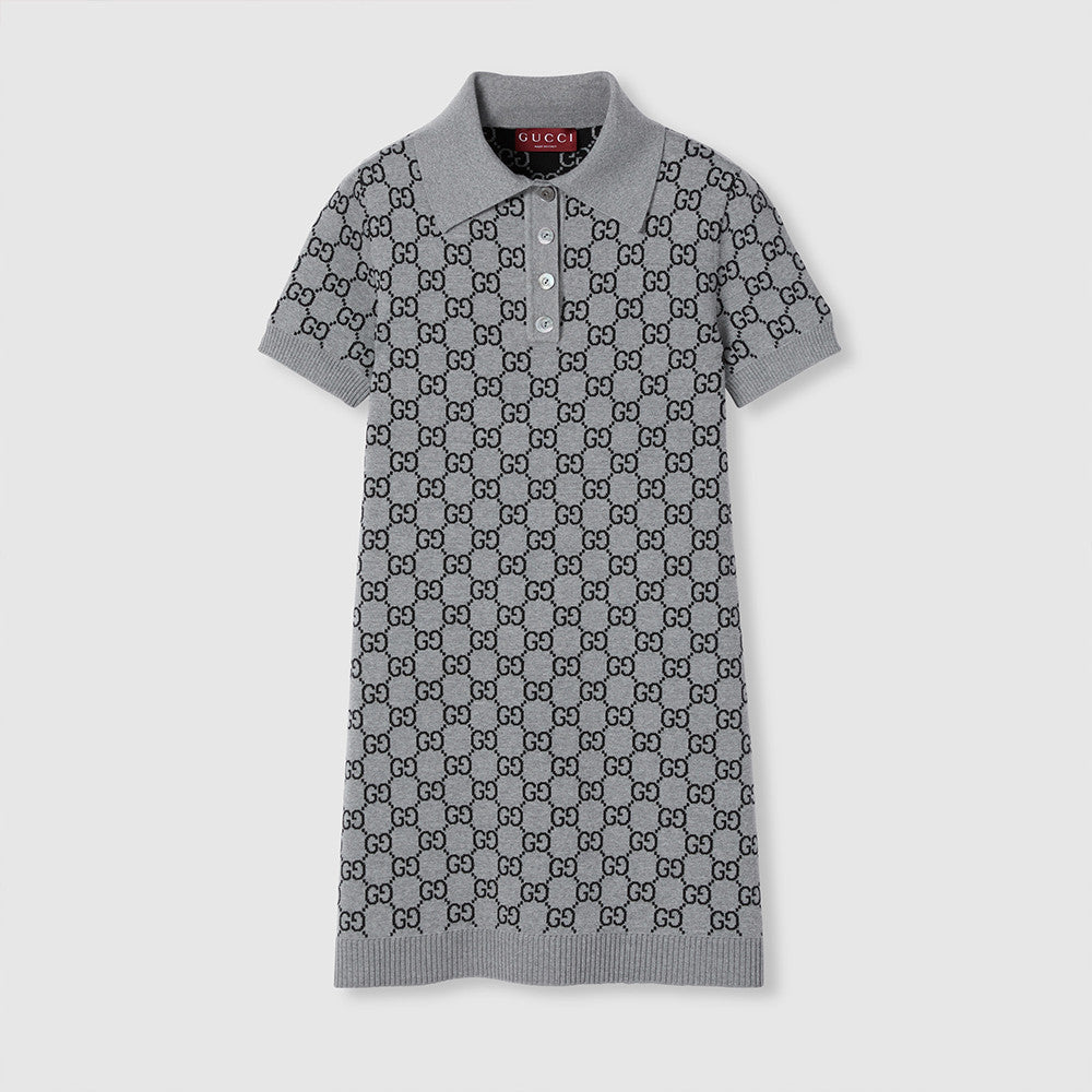 Gucci GG Wool Jacquard Polo Dress Grey Black #334214