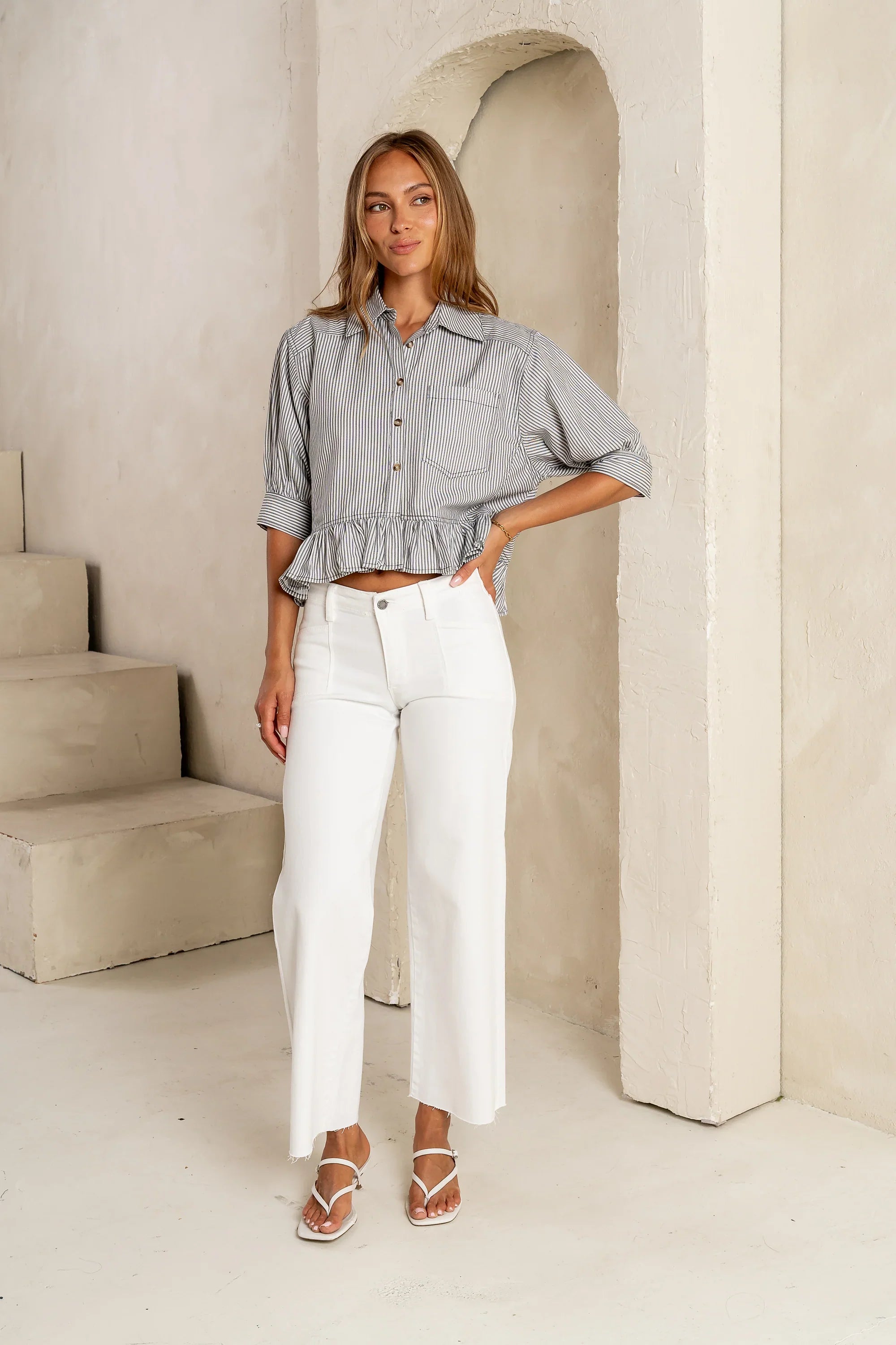 Avery Striped Blouse in Grey