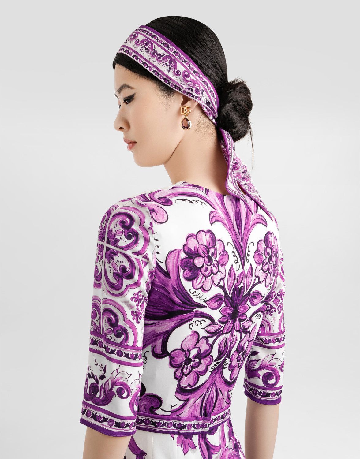 Dolce&Gabbana Majolica Printed Vegan Crepe Satin Dress Women's Spring Summer Purple Fashion Elegant Evening Dresses Ngvp #2428
