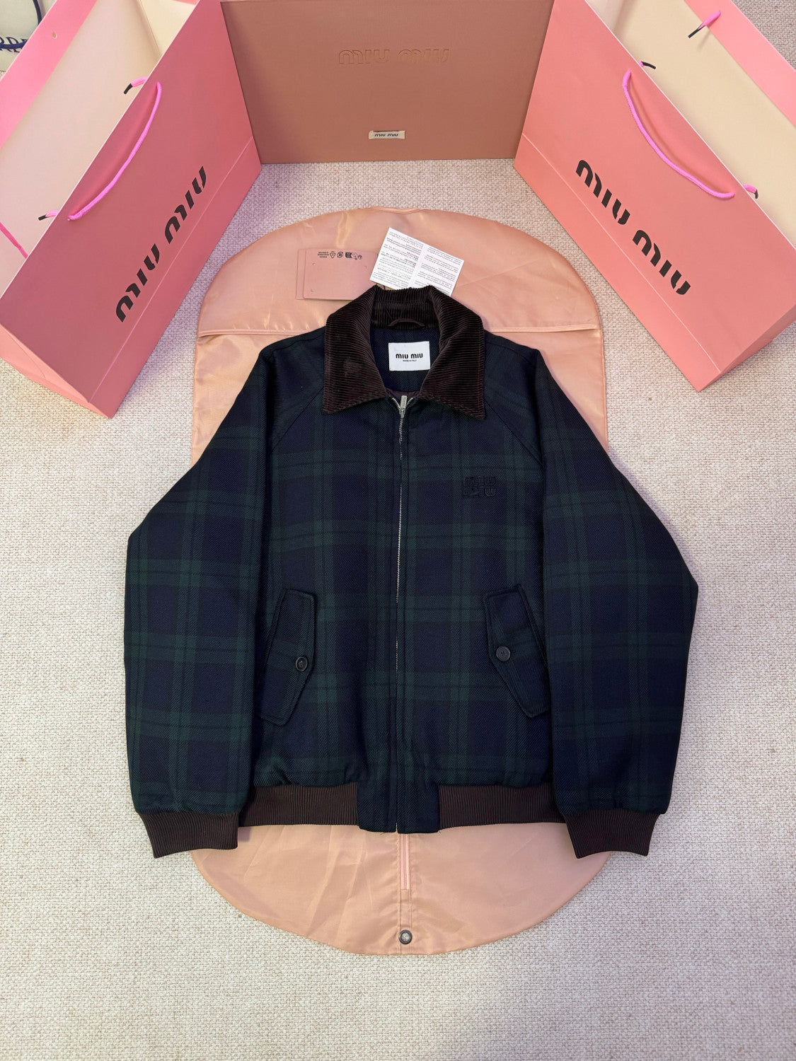 MiuMiu Women's Blue green Checked Twill Blouson Jacket #333542