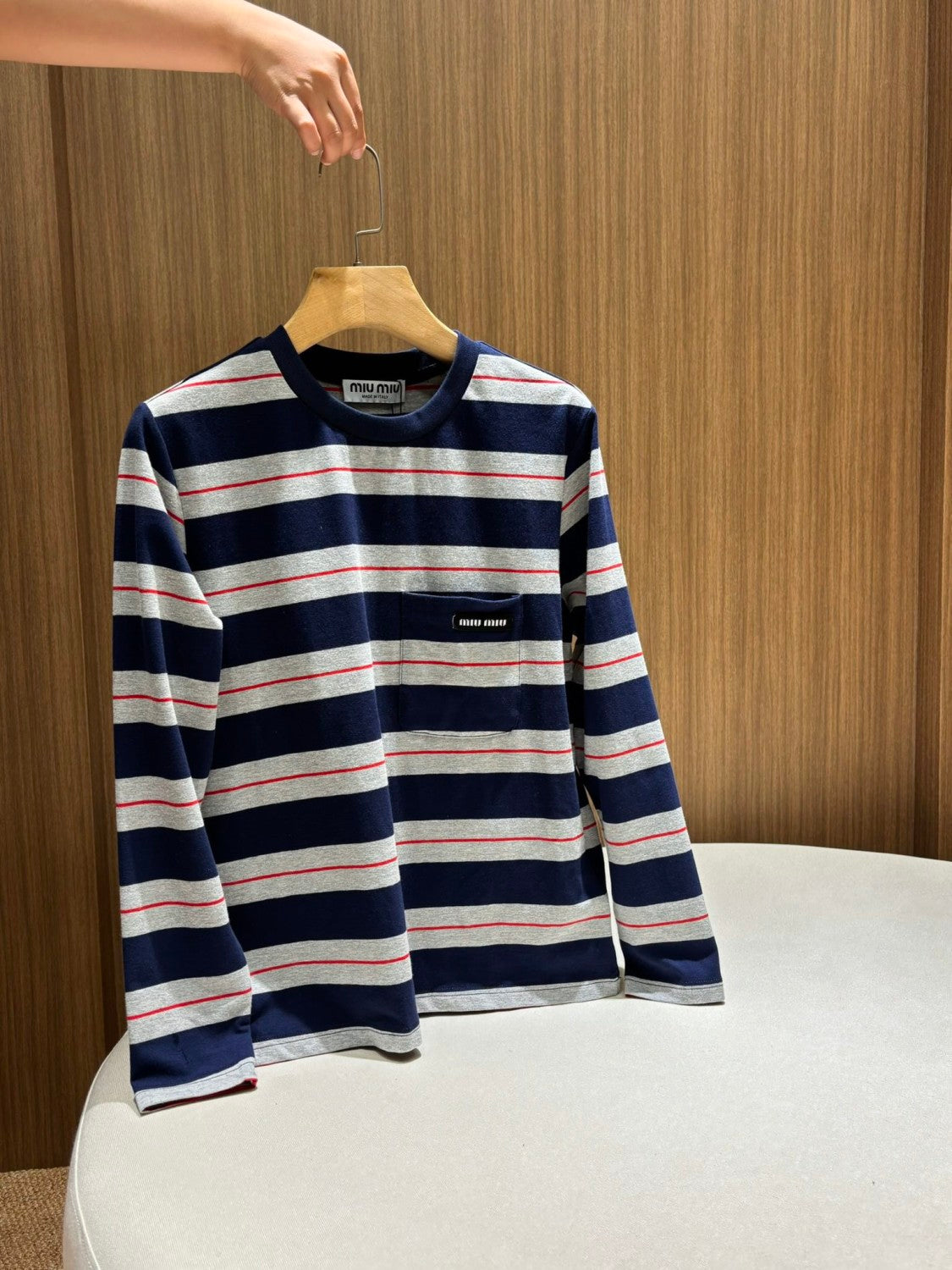 MiuMiu Women's Spring/Autumn Fashion Casual Cotton Plain Weave Knitted Striped Drop Shoulder Sleeve Round Neck Long Sleeve T-Shirt Top #78299