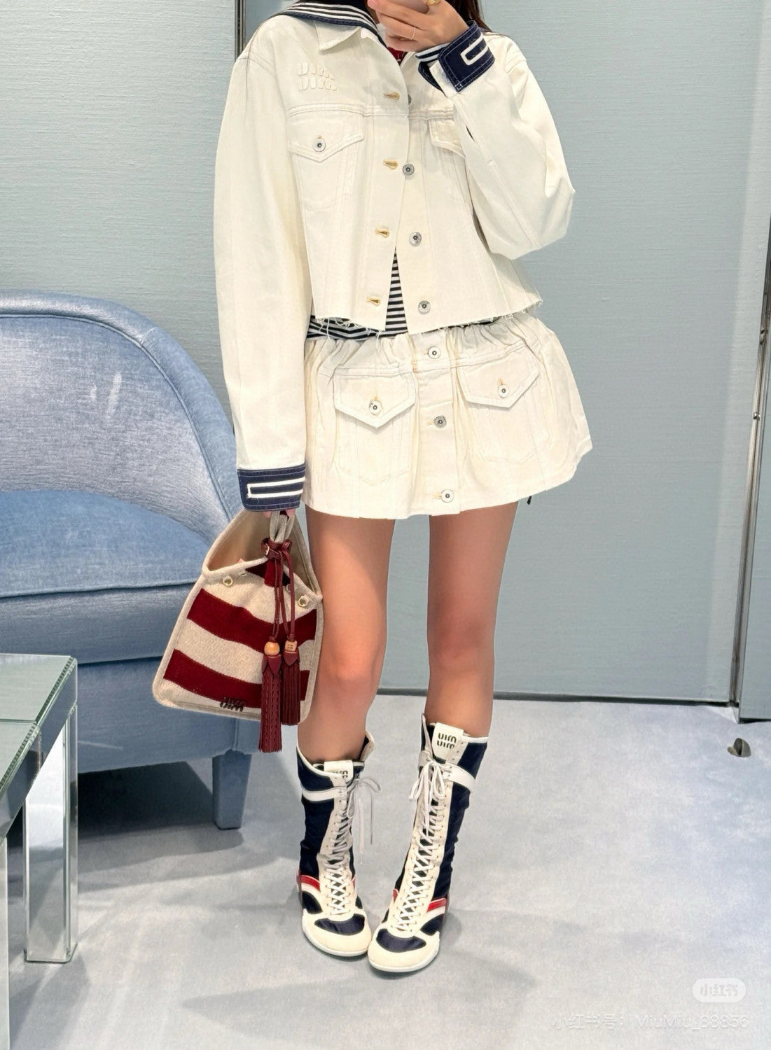 MiuMiu Women's Spring/Summer Navy Collar Single-Button Cotton Long-Sleeve Denim Jacket Solid-Color Casual Short Skirt #81546